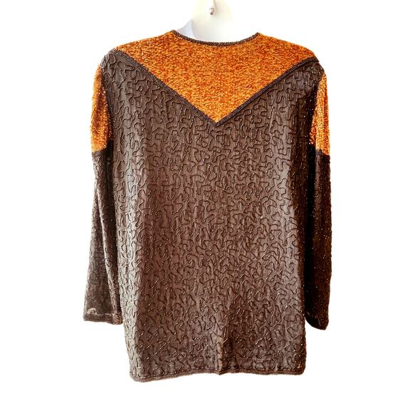 VINTAGE 80s Jet Bead & Copper Sequined Silk Evening Jacket Top Size XL - Picture 3 of 5